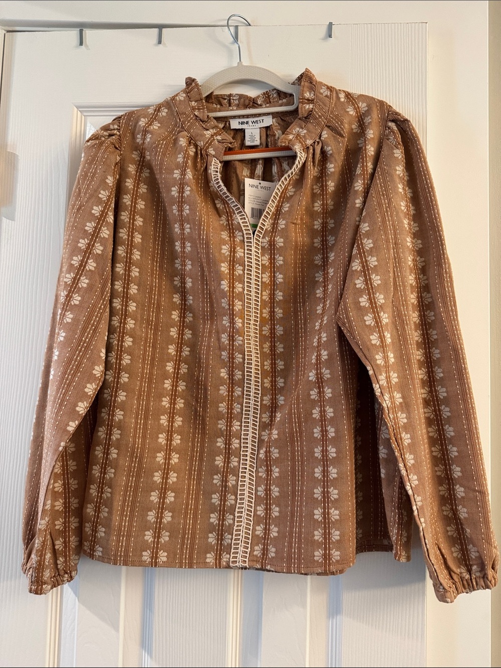 Nine West Brown Printed Button-Front Long-Sleeve Shirt